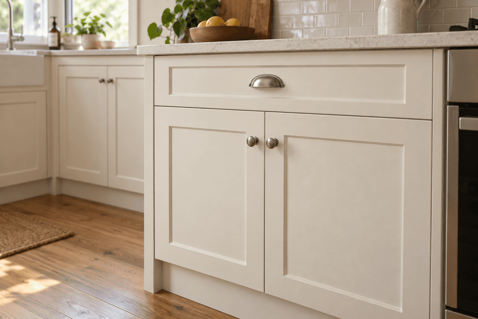 Generated concept showing the painted finish and edge detail of an existing kitchen cabinet door.