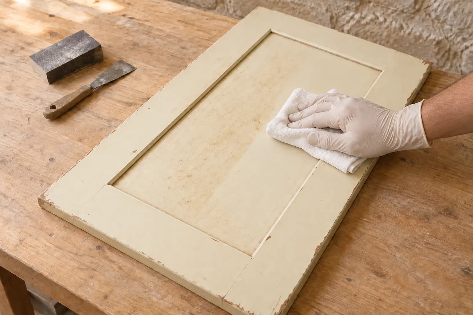 Generated concept of an existing cream cabinet door being cleaned with a cloth before patching; existing chips and wear remain visible.