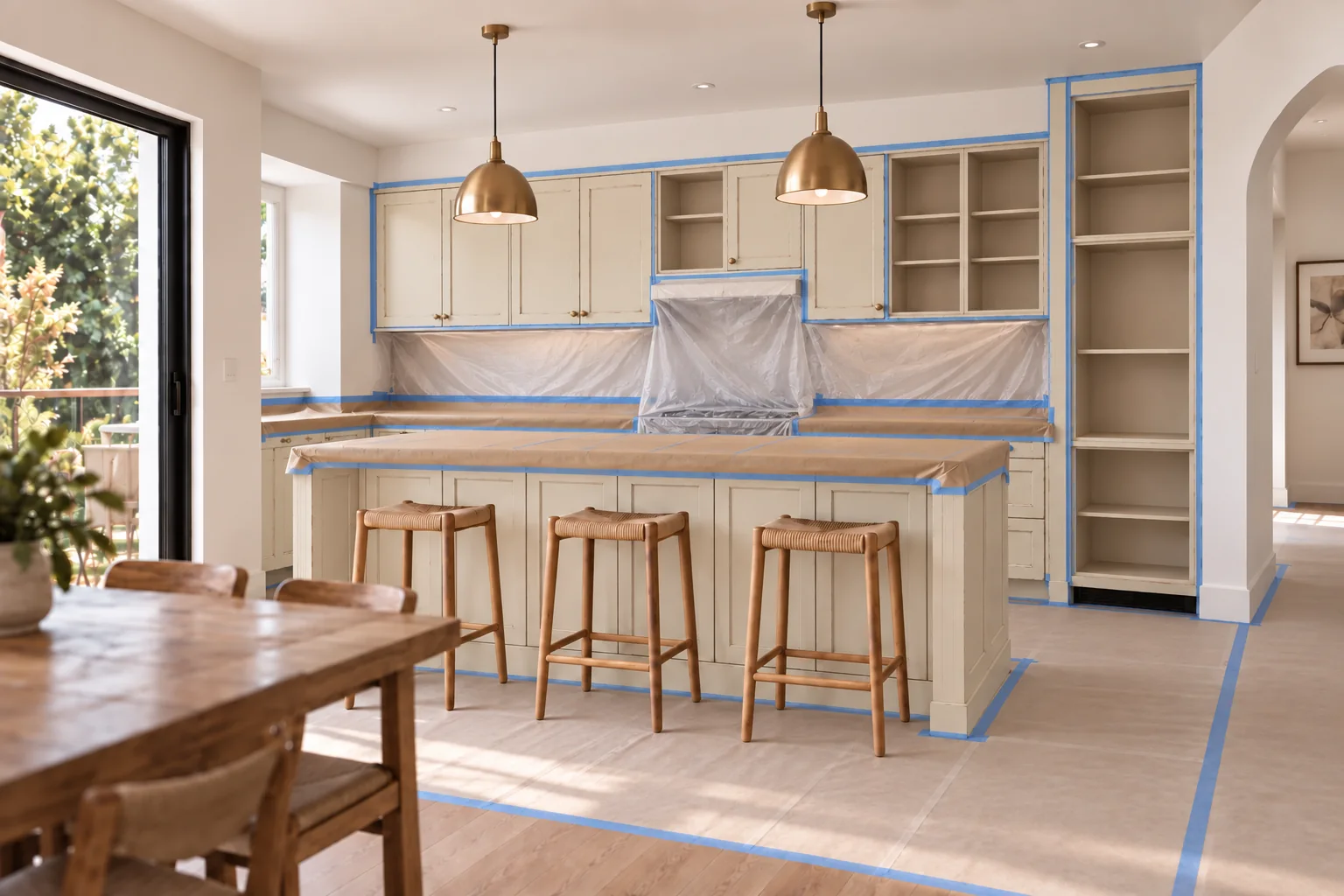 Generated concept of the same cream cabinet kitchen with doors removed, worktops taped and floor protected before coating.