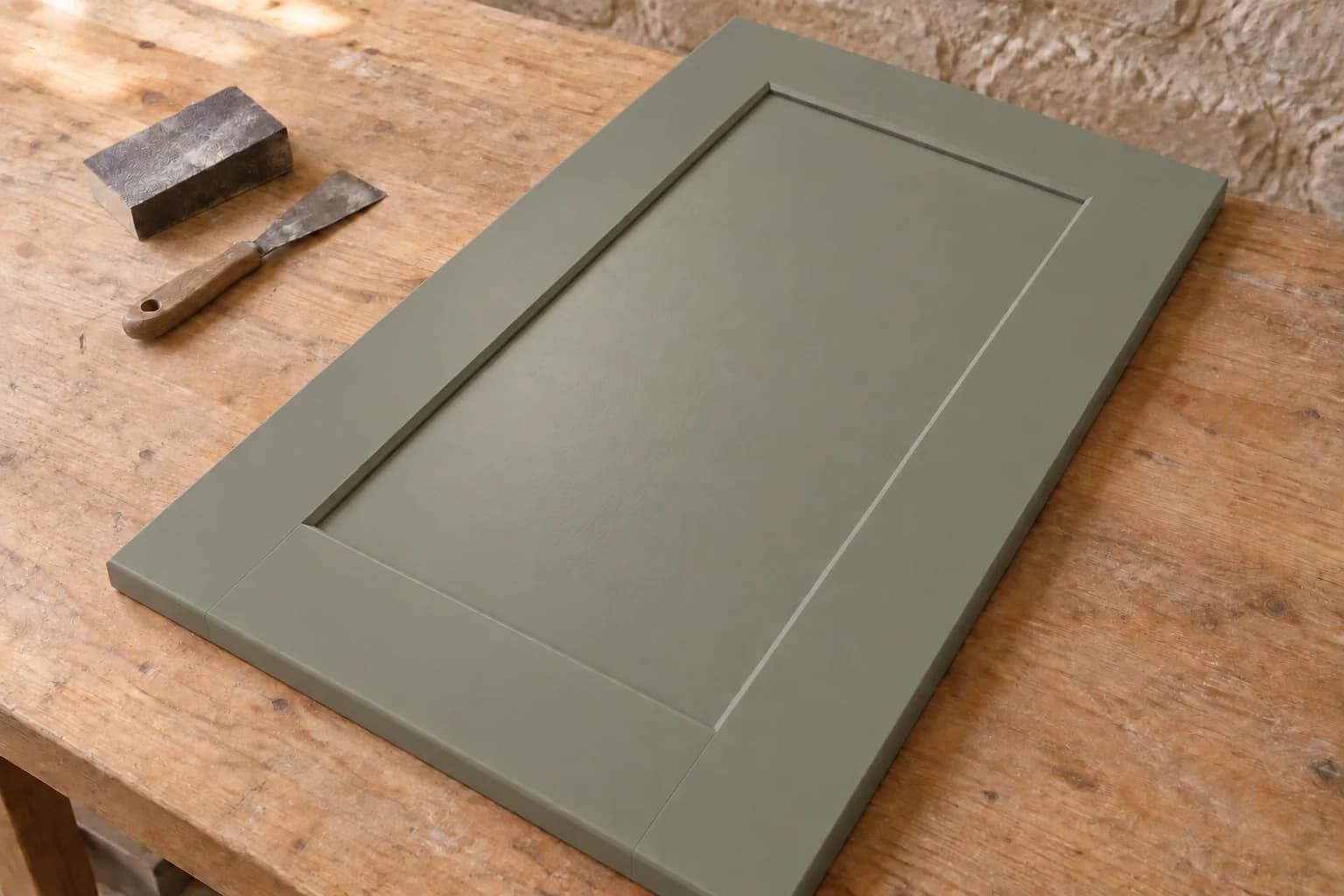 Generated concept showing a second sage-grey finish state on the same shaker cabinet door.