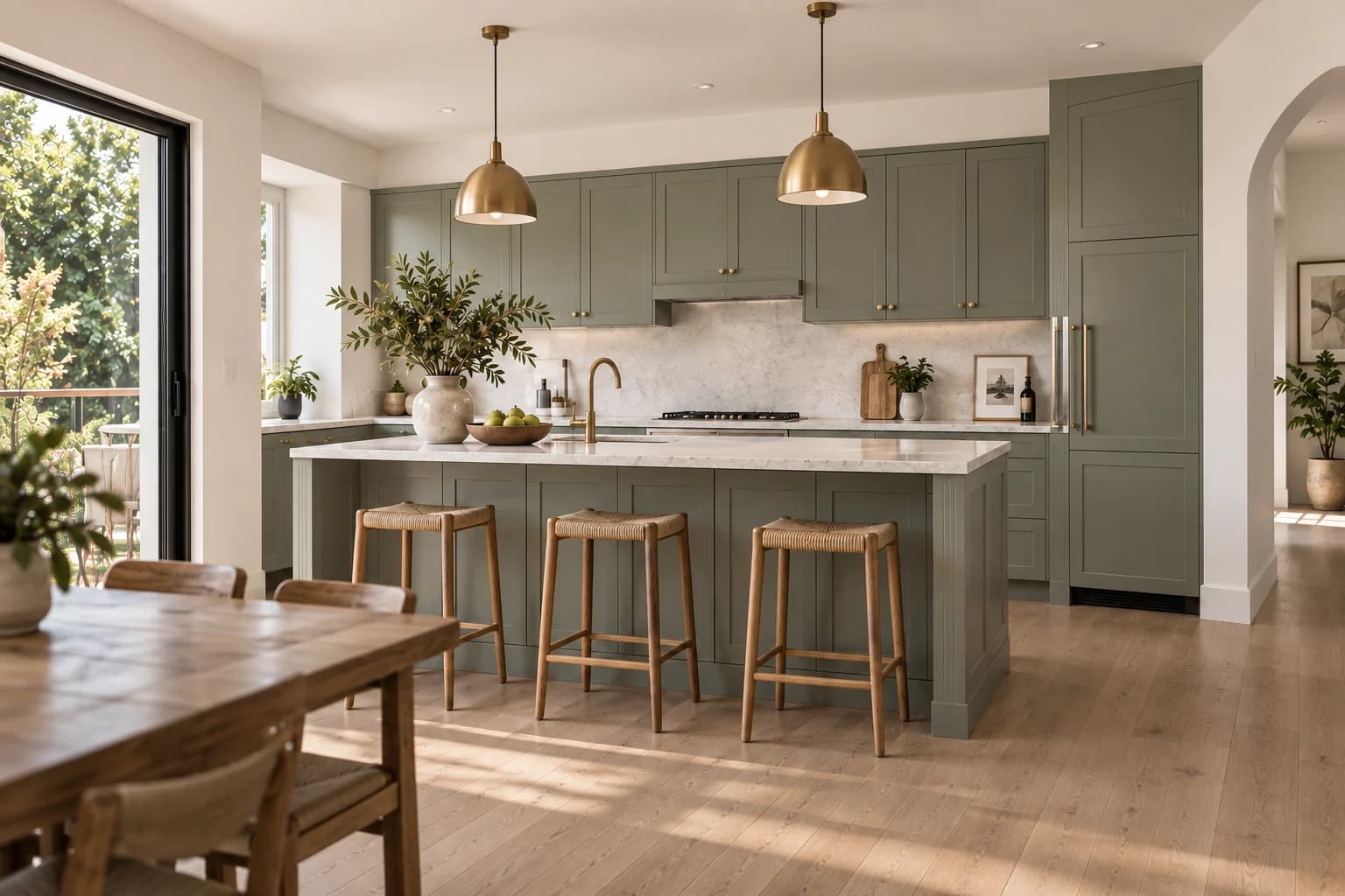 Generated concept of the same front-facing kitchen with refreshed sage-grey painted cabinet fronts.