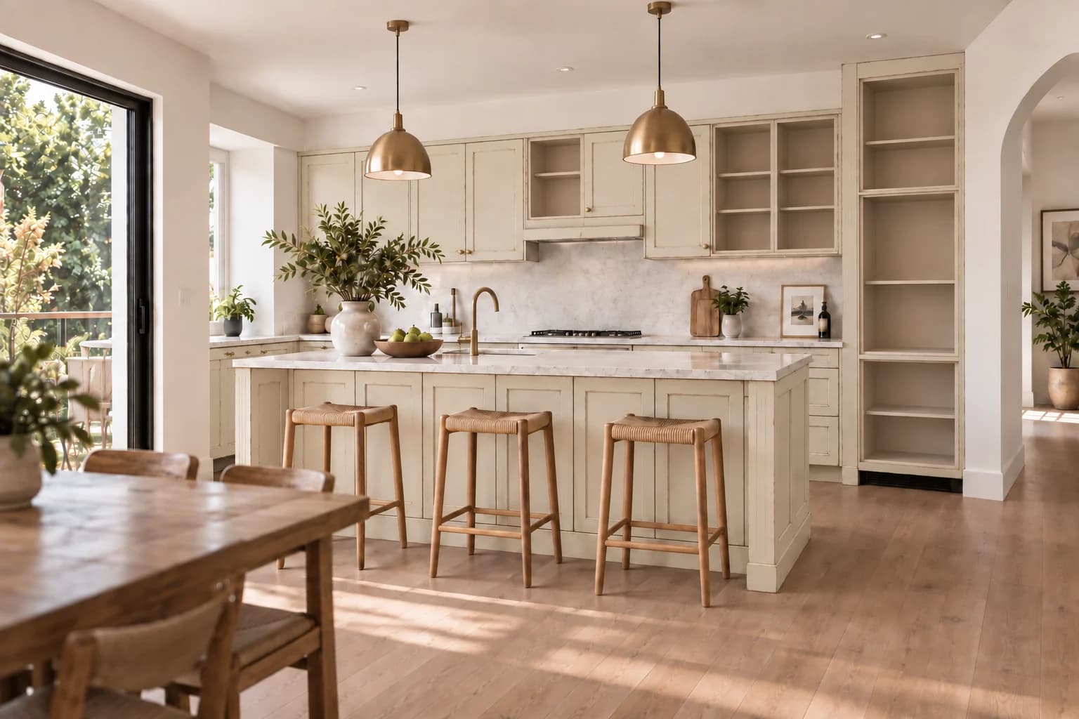 Generated concept of the same kitchen with six selected cabinet fronts removed while the layout stays in place.