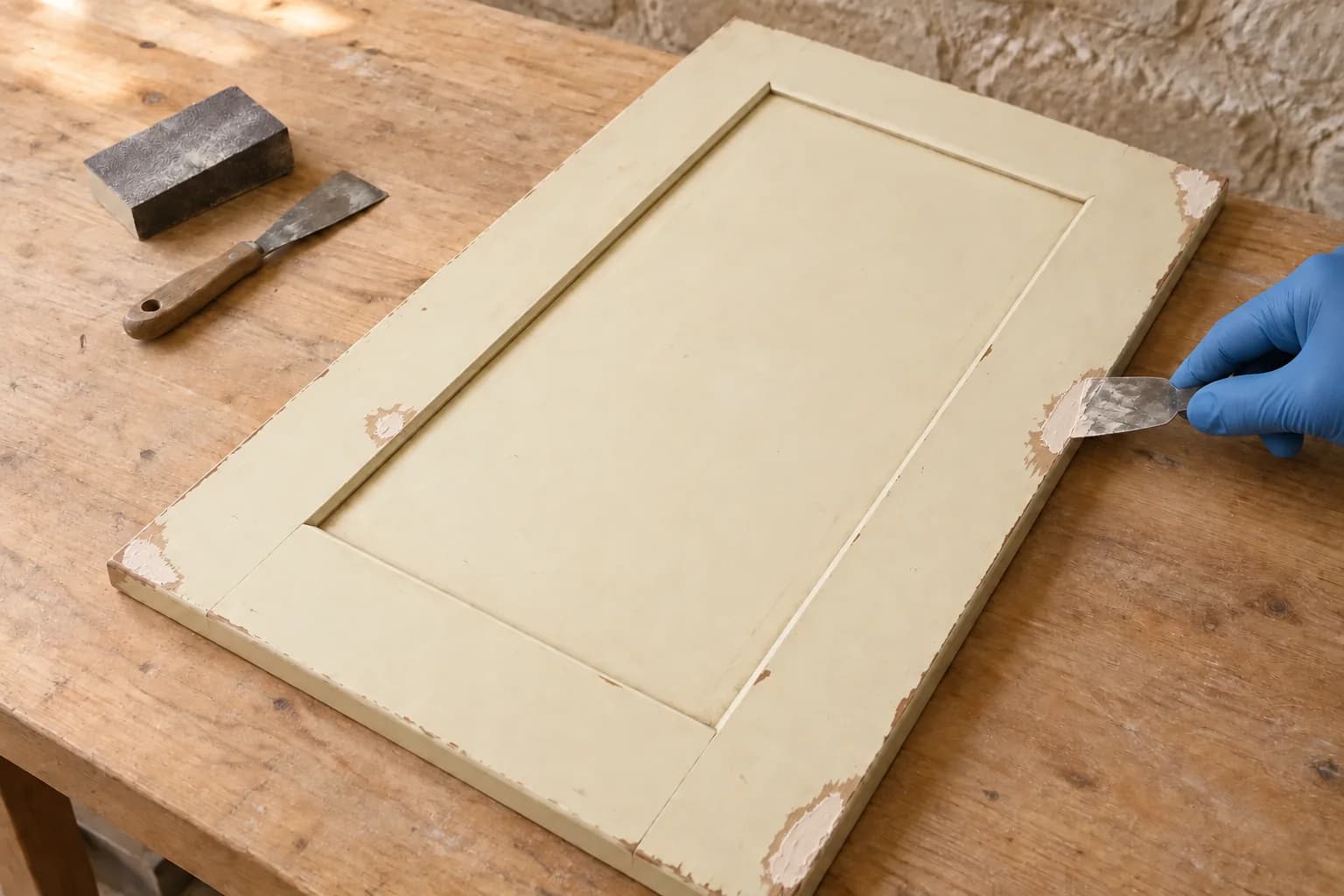 Generated concept of a worn cream-painted cabinet door with local filler repairs to chipped areas before undercoating.