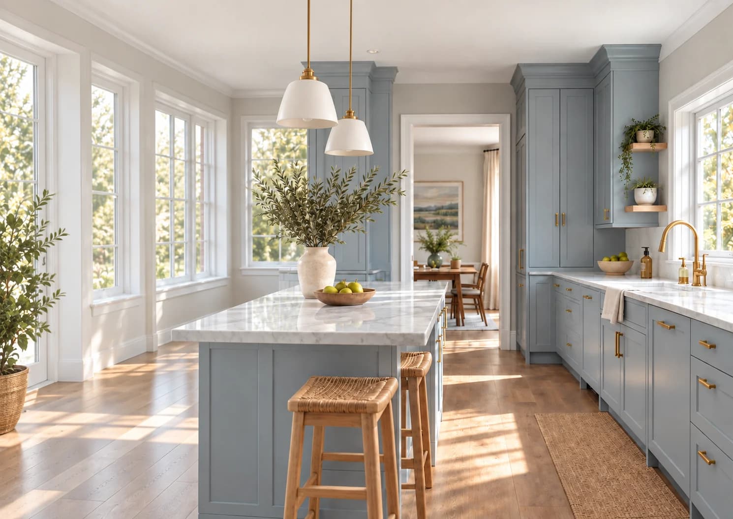 Generated concept of an existing kitchen with finished blue-grey cabinet doors, marble surfaces, timber flooring and natural light.